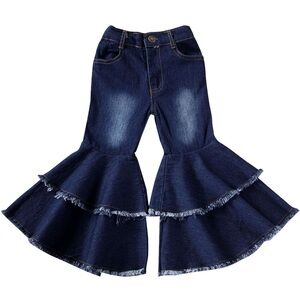 EUC Girl’s Double Layer Raw Hem Flared Bell Bottom Jeans